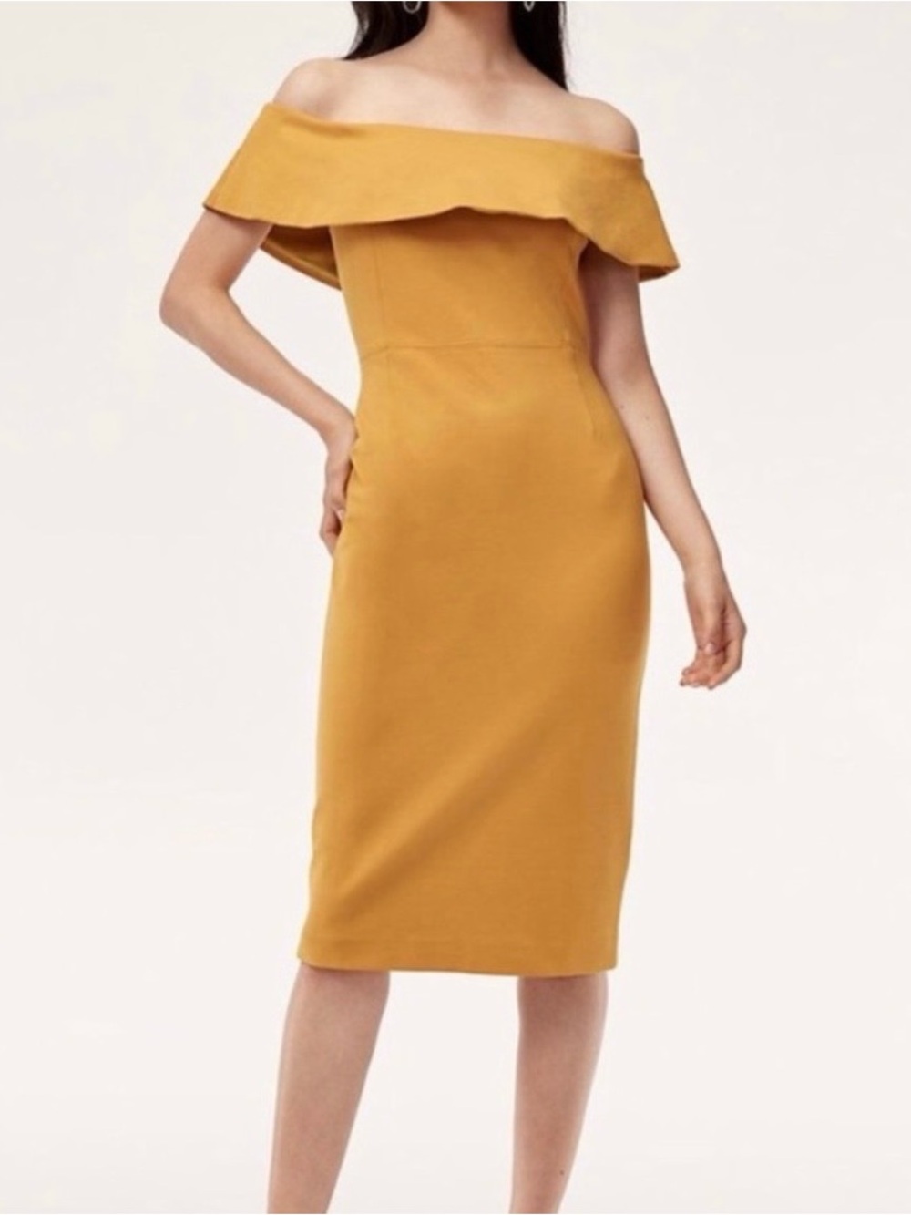 NEW Babaton Ruslan Midi Dress Off Shoulder Mustard Yellow Gold Size 8 Medium